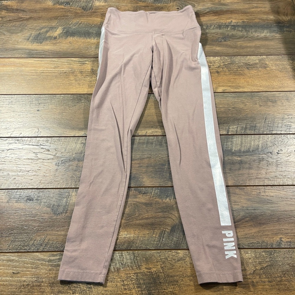 Victorias Secret PINK Leggings Mauve Rose Metallic Silver Stripe Logo Medium